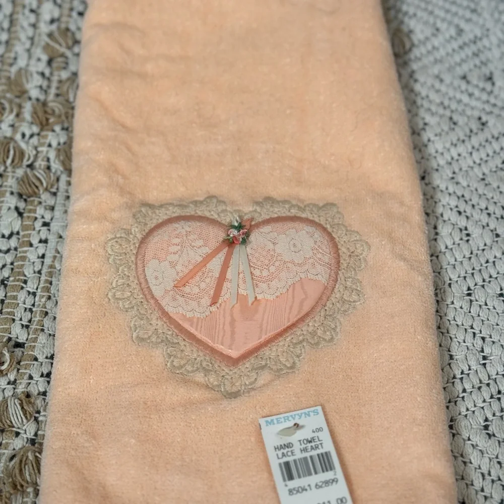 Vintage Peach Pink Lace Heart Hand Towel